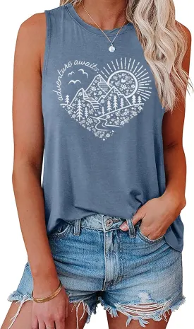 Hount Womens Casual Loose Graphic Comfy Tank Tops Summer Basic T-Shirts Sleeveless Shirts Tunic Tops