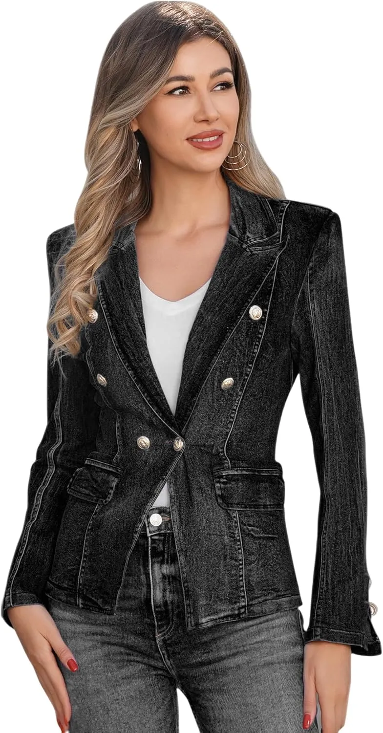 IBAKOM Denim Blazer Suit for Women Notch Collar One Button Office Lady Business Work Outfits Lapel Fall Winter Jean Jacket