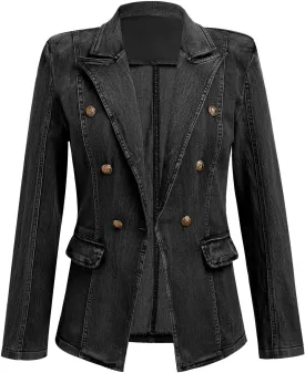IBAKOM Denim Blazer Suit for Women Notch Collar One Button Office Lady Business Work Outfits Lapel Fall Winter Jean Jacket