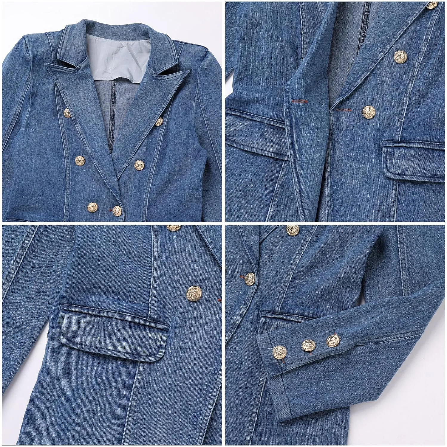 IBAKOM Denim Blazer Suit for Women Notch Collar One Button Office Lady Business Work Outfits Lapel Fall Winter Jean Jacket