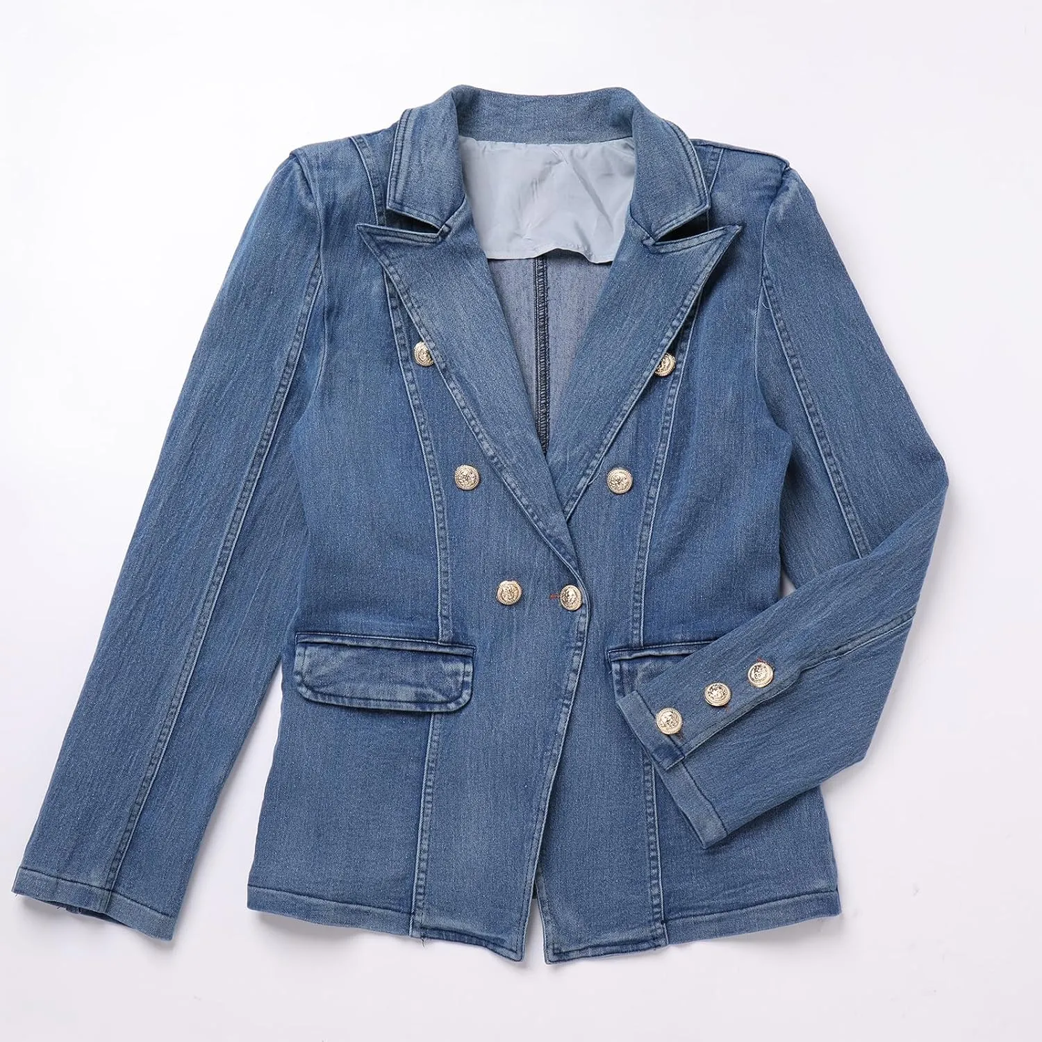 IBAKOM Denim Blazer Suit for Women Notch Collar One Button Office Lady Business Work Outfits Lapel Fall Winter Jean Jacket