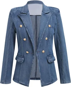 IBAKOM Denim Blazer Suit for Women Notch Collar One Button Office Lady Business Work Outfits Lapel Fall Winter Jean Jacket