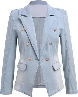 IBAKOM Denim Blazer Suit for Women Notch Collar One Button Office Lady Business Work Outfits Lapel Fall Winter Jean Jacket