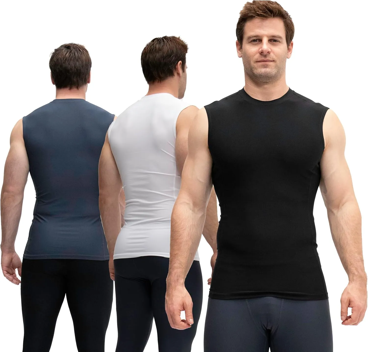 KISTA 3 Pack Men's Sleeveless Workout Shirts, Dry Fit Running Compression Cutoff Shirts, Athletic Base Layer Tank Top