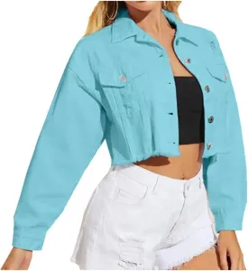 LifeShe Women Cropped Ripped Distressed Denim Jean Jacket Coat Fringe with Frayed Hem