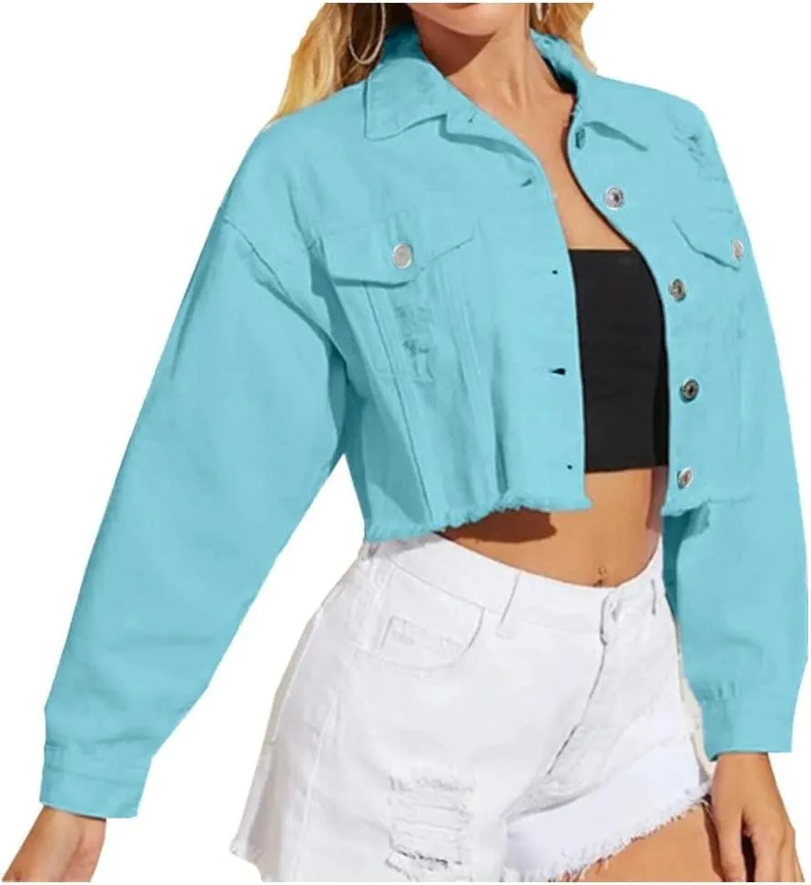 LifeShe Women Cropped Ripped Distressed Denim Jean Jacket Coat Fringe with Frayed Hem