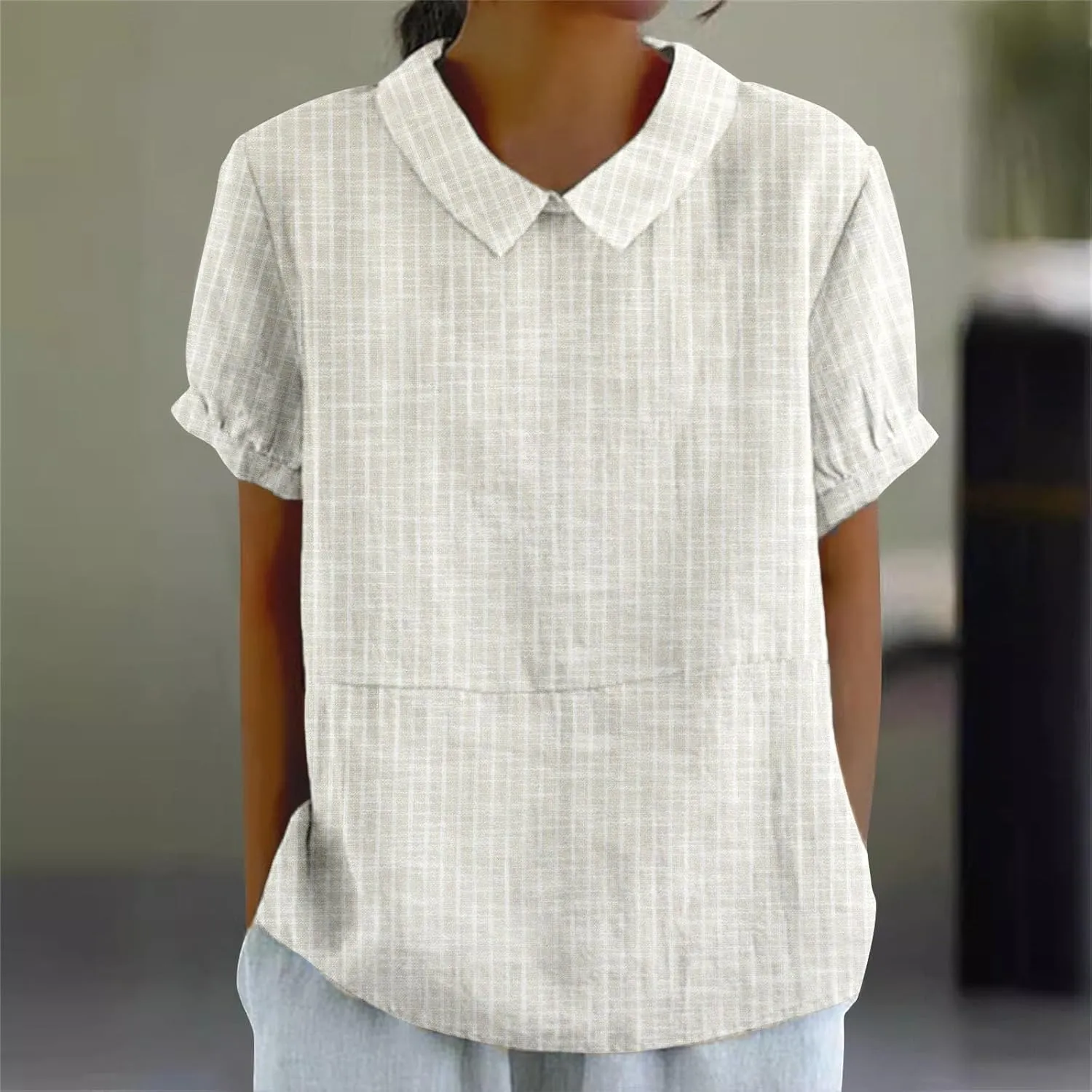 Linen Blouses for Women Dressy Casual Lapel Collar Shirts Retro Cute Floral Print Loose Short Sleeve Boho Tunic