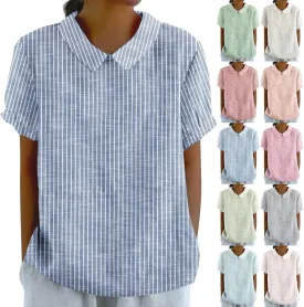 Linen Blouses for Women Dressy Casual Lapel Collar Shirts Retro Cute Floral Print Loose Short Sleeve Boho Tunic