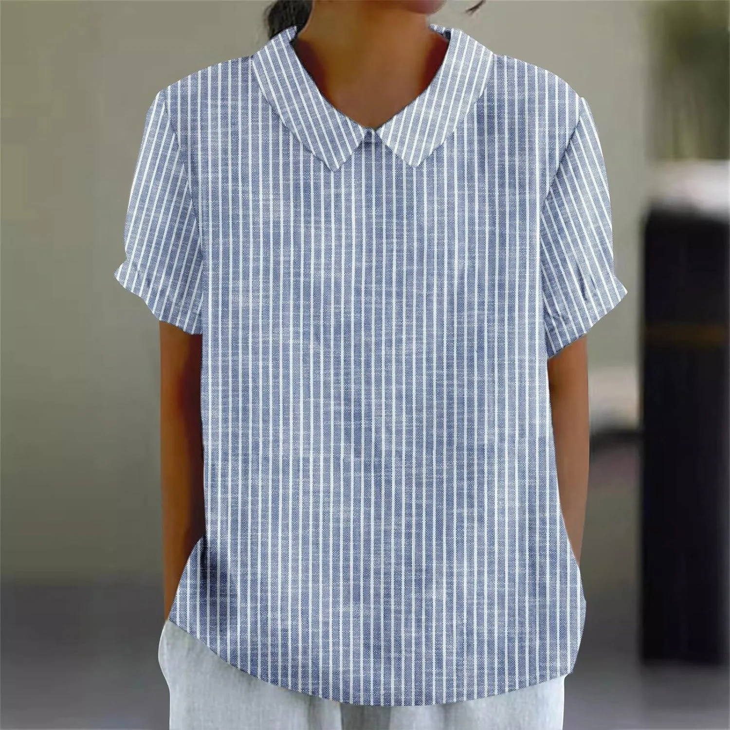 Linen Blouses for Women Dressy Casual Lapel Collar Shirts Retro Cute Floral Print Loose Short Sleeve Boho Tunic