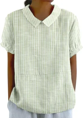 Linen Blouses for Women Dressy Casual Lapel Collar Shirts Retro Cute Floral Print Loose Short Sleeve Boho Tunic