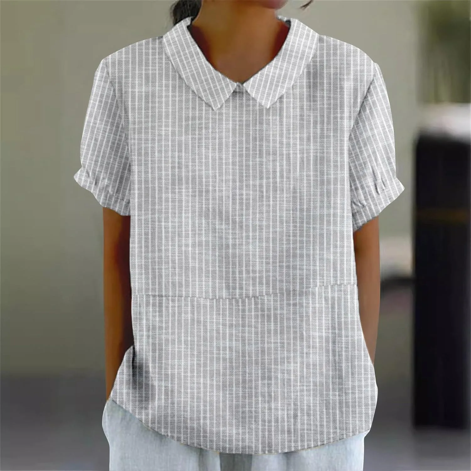 Linen Blouses for Women Dressy Casual Lapel Collar Shirts Retro Cute Floral Print Loose Short Sleeve Boho Tunic