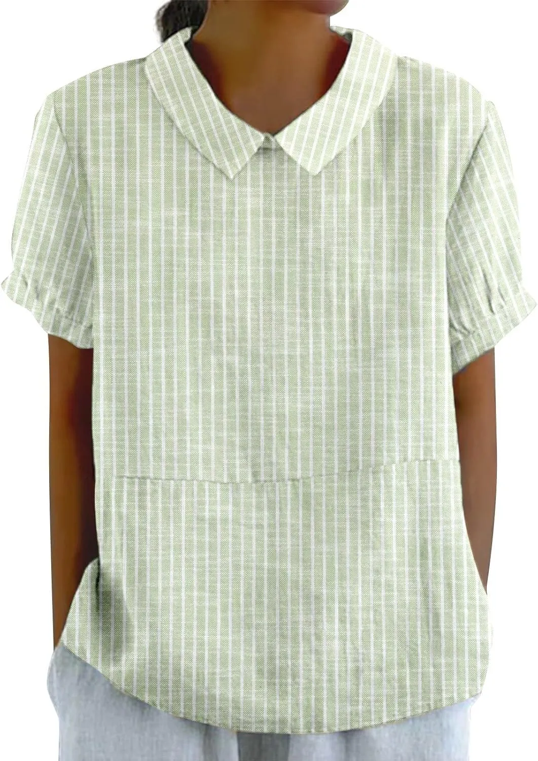 Linen Blouses for Women Dressy Casual Lapel Collar Shirts Retro Cute Floral Print Loose Short Sleeve Boho Tunic