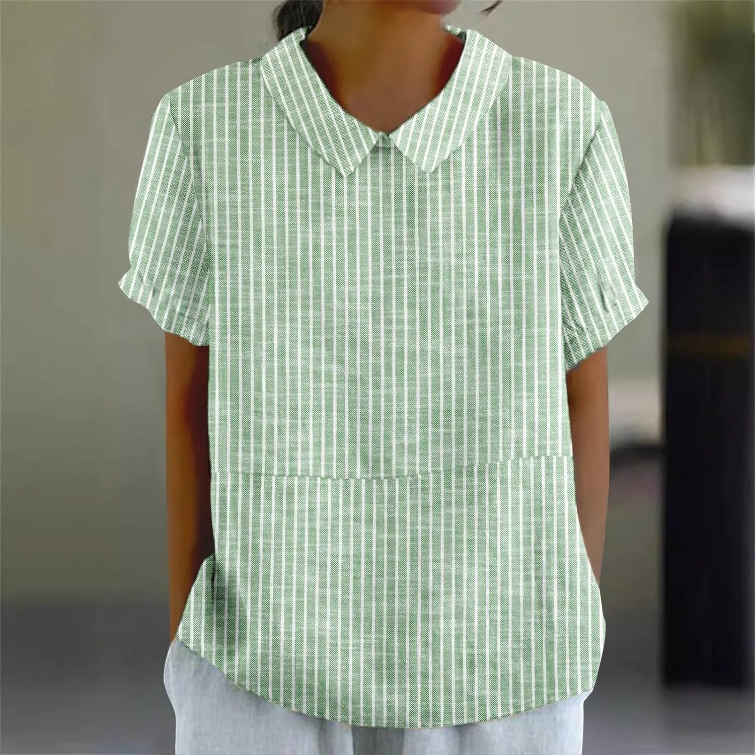 Linen Blouses for Women Dressy Casual Lapel Collar Shirts Retro Cute Floral Print Loose Short Sleeve Boho Tunic