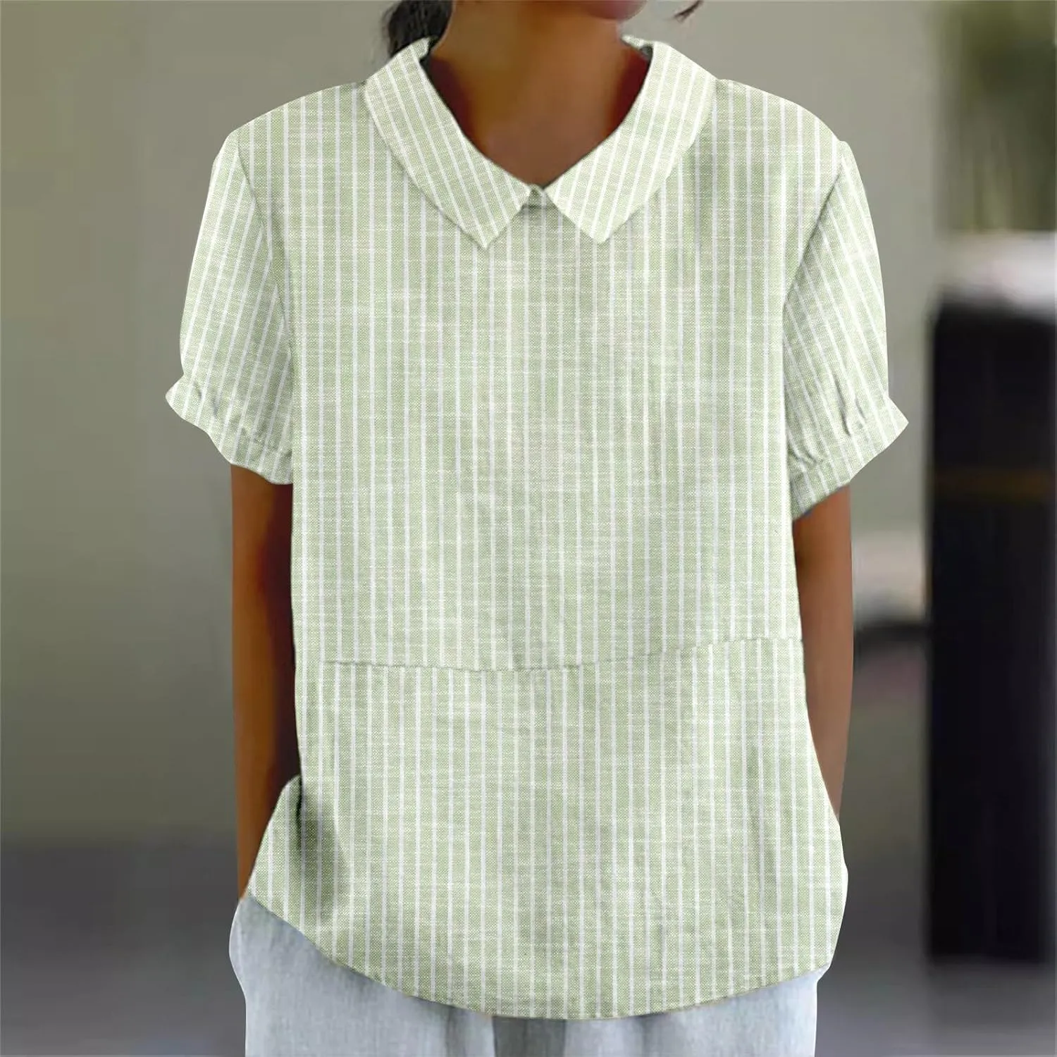 Linen Blouses for Women Dressy Casual Lapel Collar Shirts Retro Cute Floral Print Loose Short Sleeve Boho Tunic