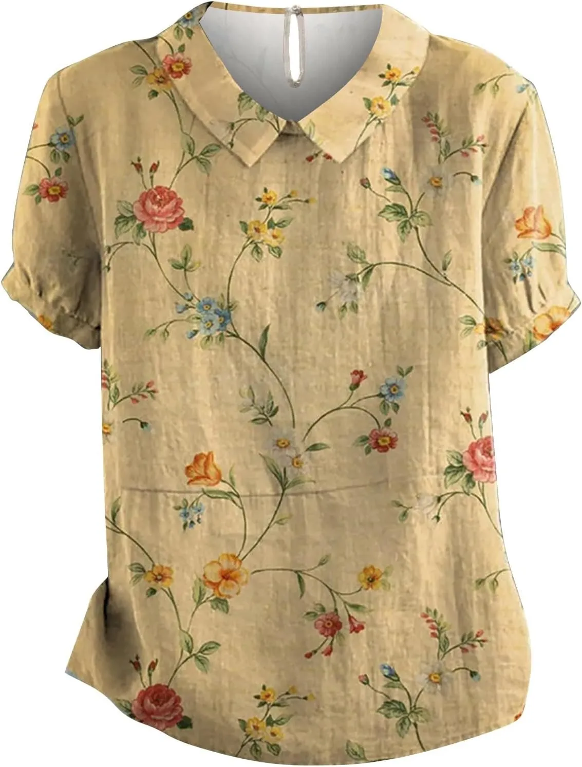 Linen Blouses for Women Dressy Casual Lapel Collar Shirts Retro Cute Floral Print Loose Short Sleeve Boho Tunic