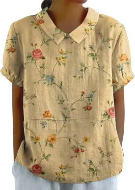 Linen Blouses for Women Dressy Casual Lapel Collar Shirts Retro Cute Floral Print Loose Short Sleeve Boho Tunic