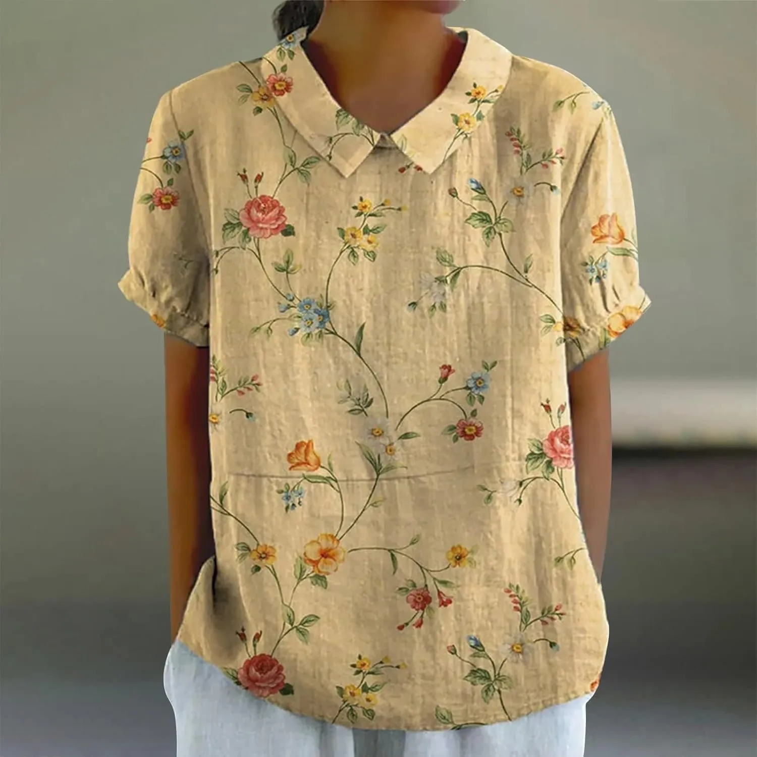Linen Blouses for Women Dressy Casual Lapel Collar Shirts Retro Cute Floral Print Loose Short Sleeve Boho Tunic