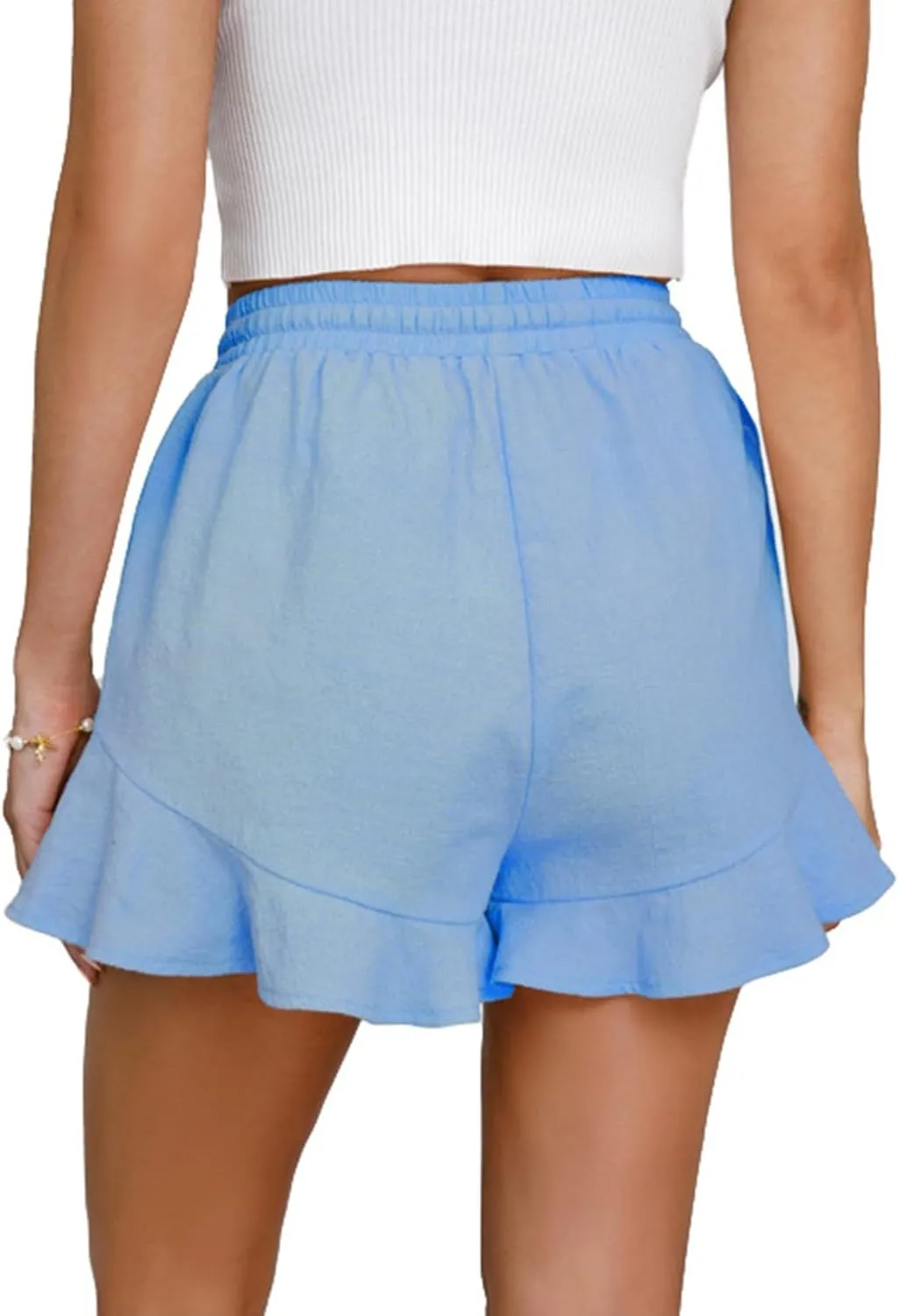 Linen Shorts for Women Summer Ruffle Hem Beach Shorts Casual High Waisted Wide Leg Drawstring Short Pants w/Pockets