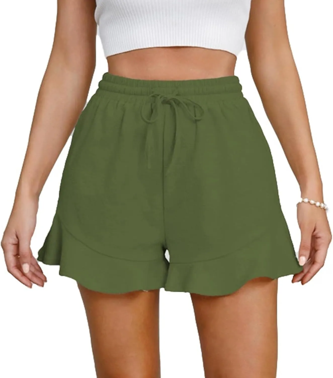 Linen Shorts for Women Summer Ruffle Hem Beach Shorts Casual High Waisted Wide Leg Drawstring Short Pants w/Pockets