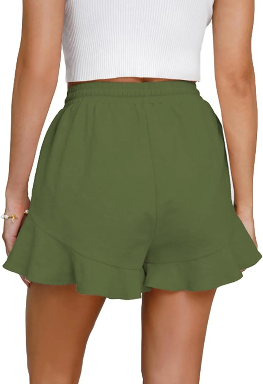 Linen Shorts for Women Summer Ruffle Hem Beach Shorts Casual High Waisted Wide Leg Drawstring Short Pants w/Pockets