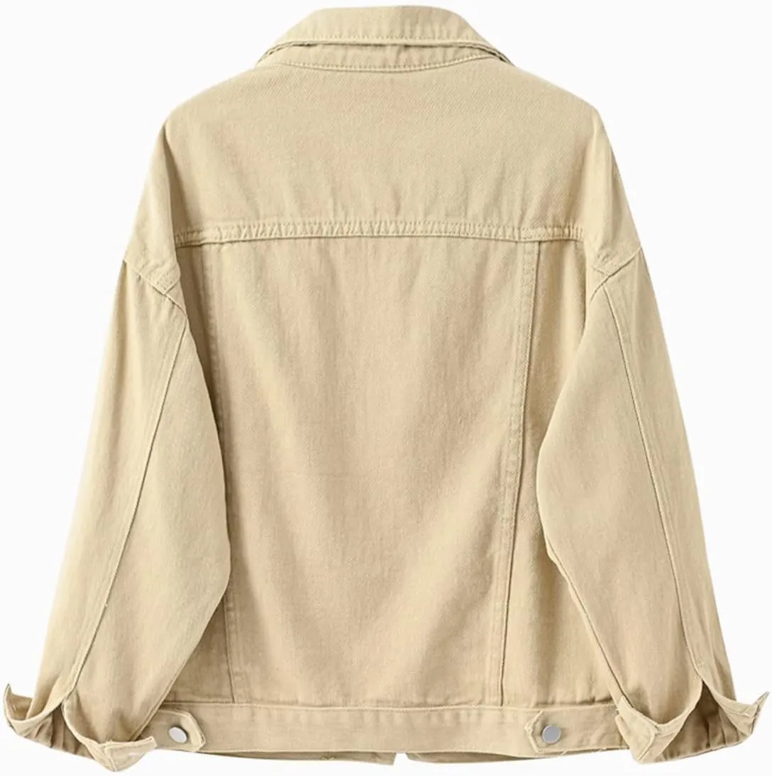 Locachy Women's Casual Denim Jacket Solid Color Basic Long Sleeve Jean Jacket Coat
