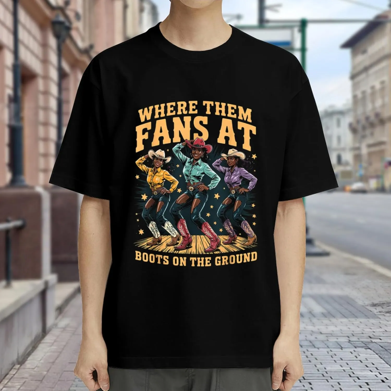 Made in USA Boots On Where Them Fans at Black Cowgirl Casual T-Shirt for Men Women