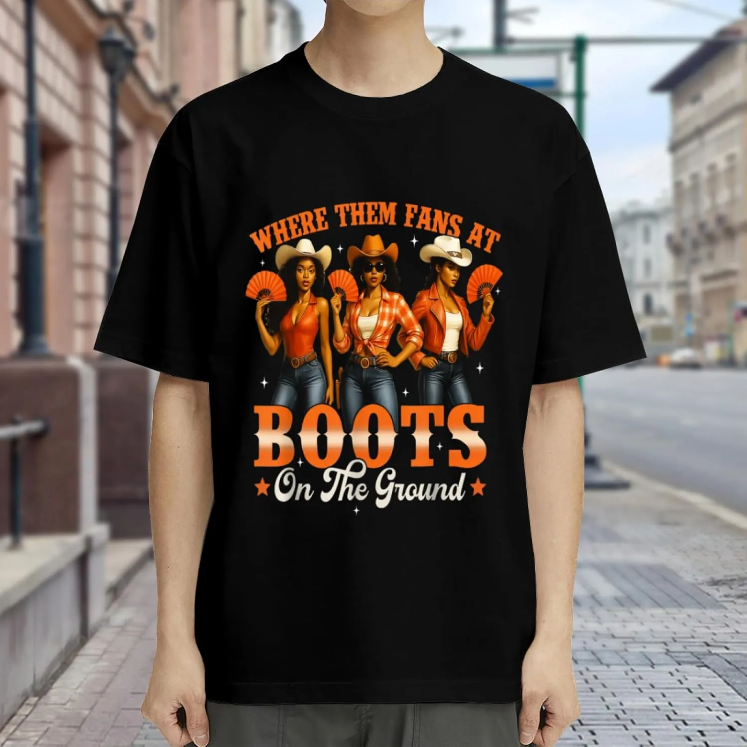 Made in USA Boots On Where Them Fans at Black Cowgirl Casual T-Shirt for Men Women