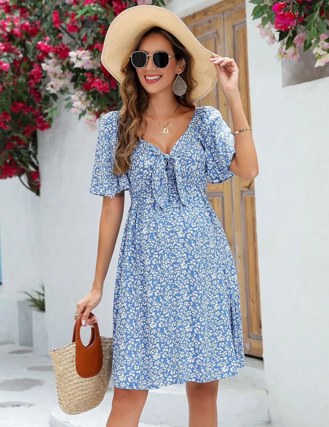 Maternity Dresses for Baby Shower Women's Knotted V Neck Knee Length Wrap Baby Shower Dress