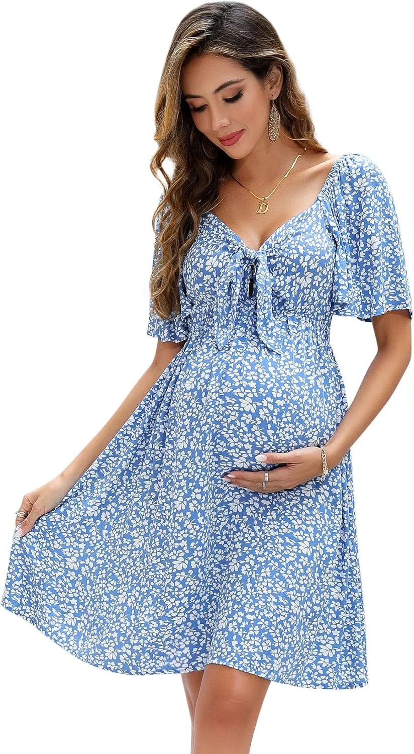 Maternity Dresses for Baby Shower Women's Knotted V Neck Knee Length Wrap Baby Shower Dress