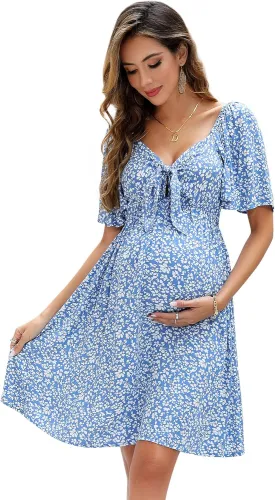 Maternity Dresses for Baby Shower Women's Knotted V Neck Knee Length Wrap Baby Shower Dress