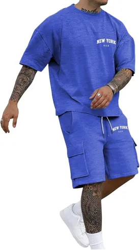 Men Outfits 2 Piece Fashion Casual Summer Drop Shoulder Oversize Tee Shirt Shorts Set Athletic Jogging Tracksuit