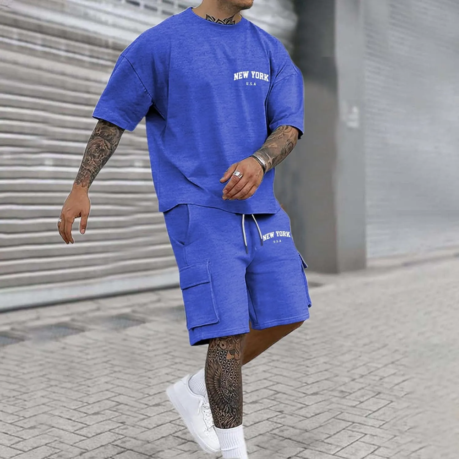Men Outfits 2 Piece Fashion Casual Summer Drop Shoulder Oversize Tee Shirt Shorts Set Athletic Jogging Tracksuit