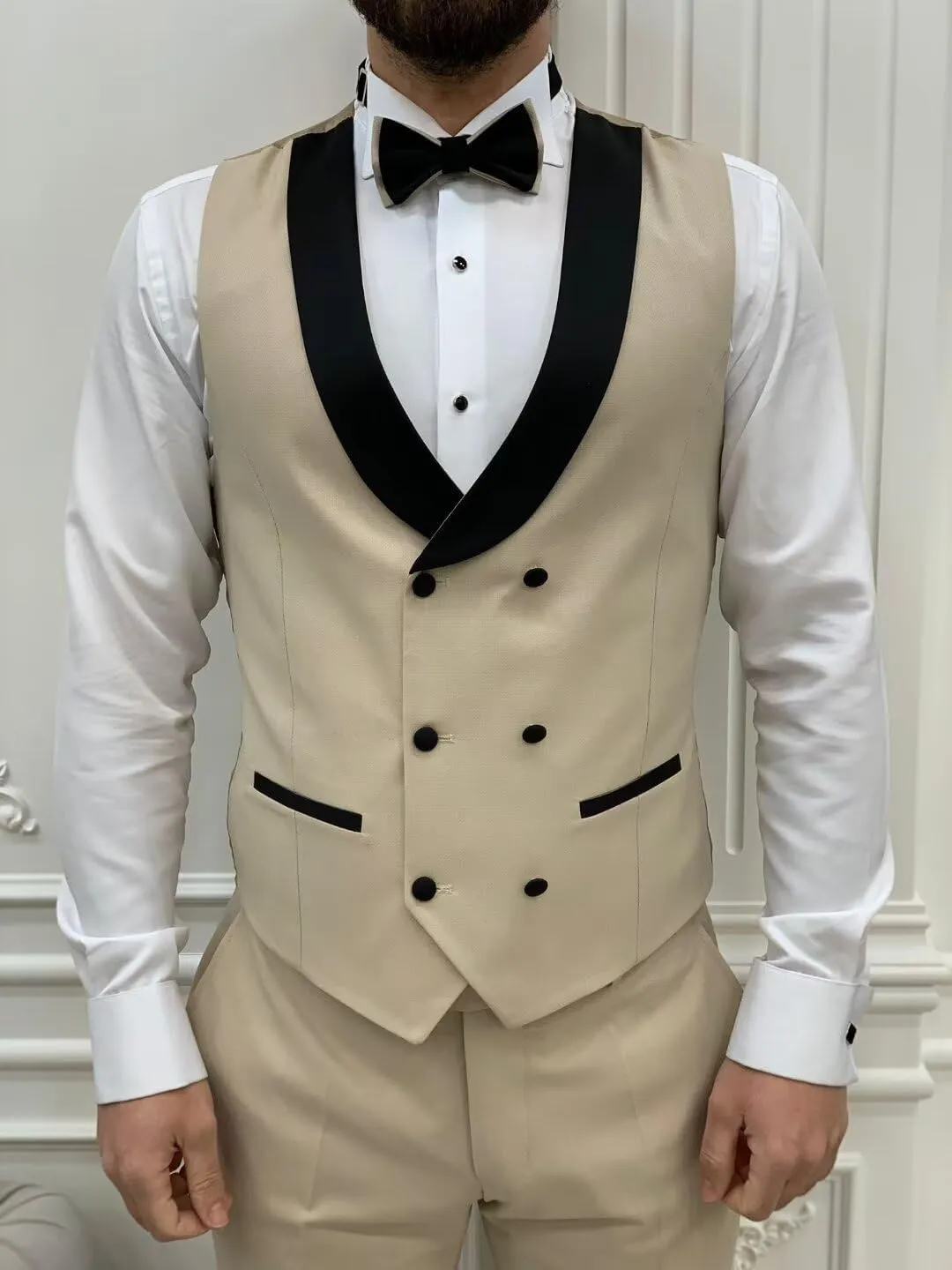 Mens 3 Piece Tuxedo Suit Slim Fit Wedding Prom Dinner Tuxedo for Men Double Breasted Suits Set with Bow Tie