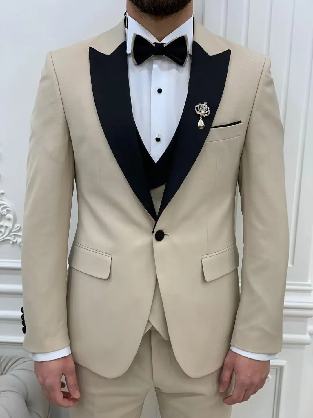 Mens 3 Piece Tuxedo Suit Slim Fit Wedding Prom Dinner Tuxedo for Men Double Breasted Suits Set with Bow Tie