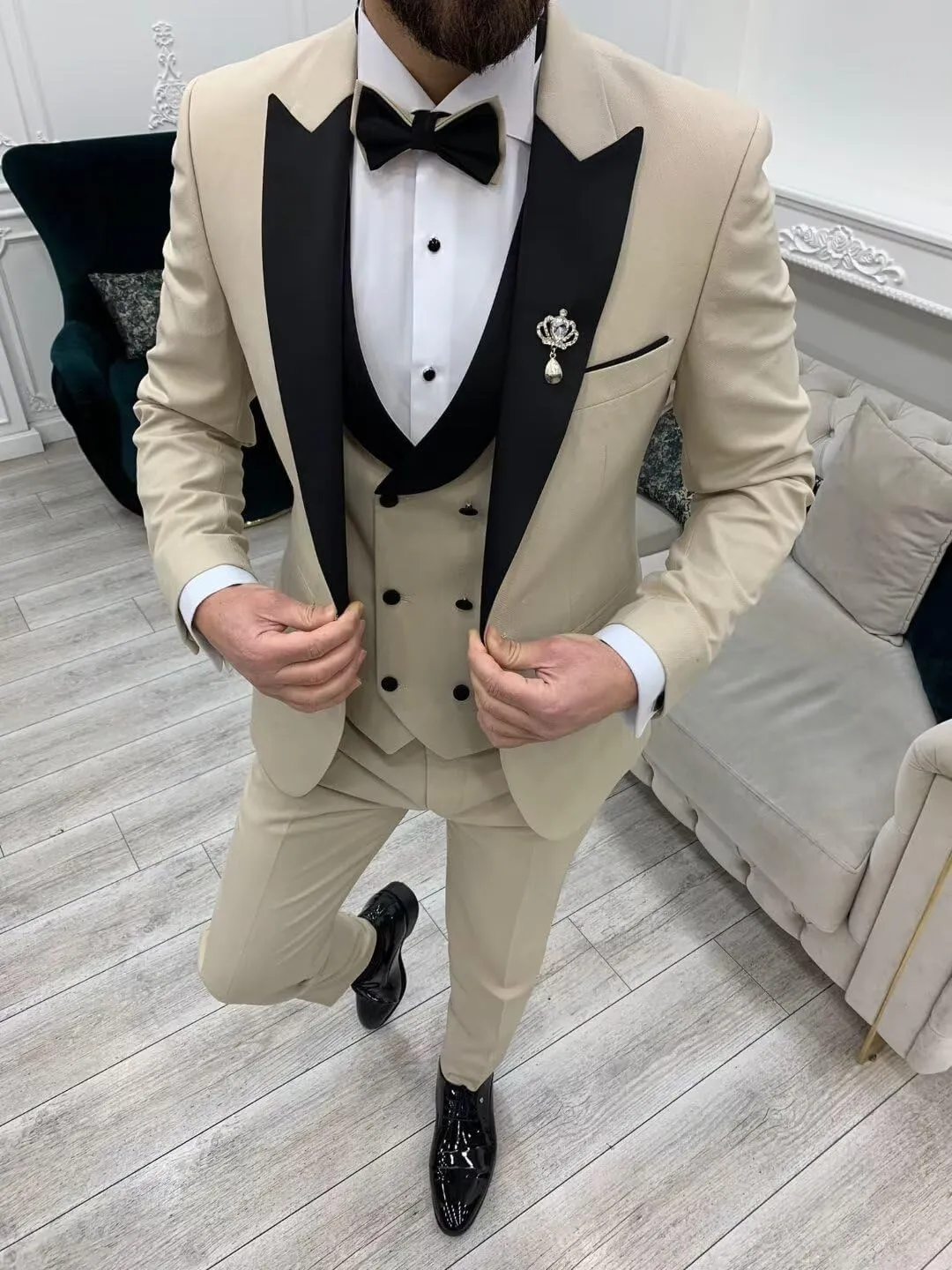 Mens 3 Piece Tuxedo Suit Slim Fit Wedding Prom Dinner Tuxedo for Men Double Breasted Suits Set with Bow Tie