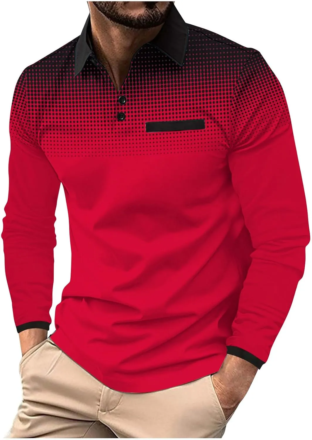 Men's Gradient Printed Sport Shirt Button Lapel Long Sleeve Tops Casual Golf Polo Shirts Fall Winter Tops
