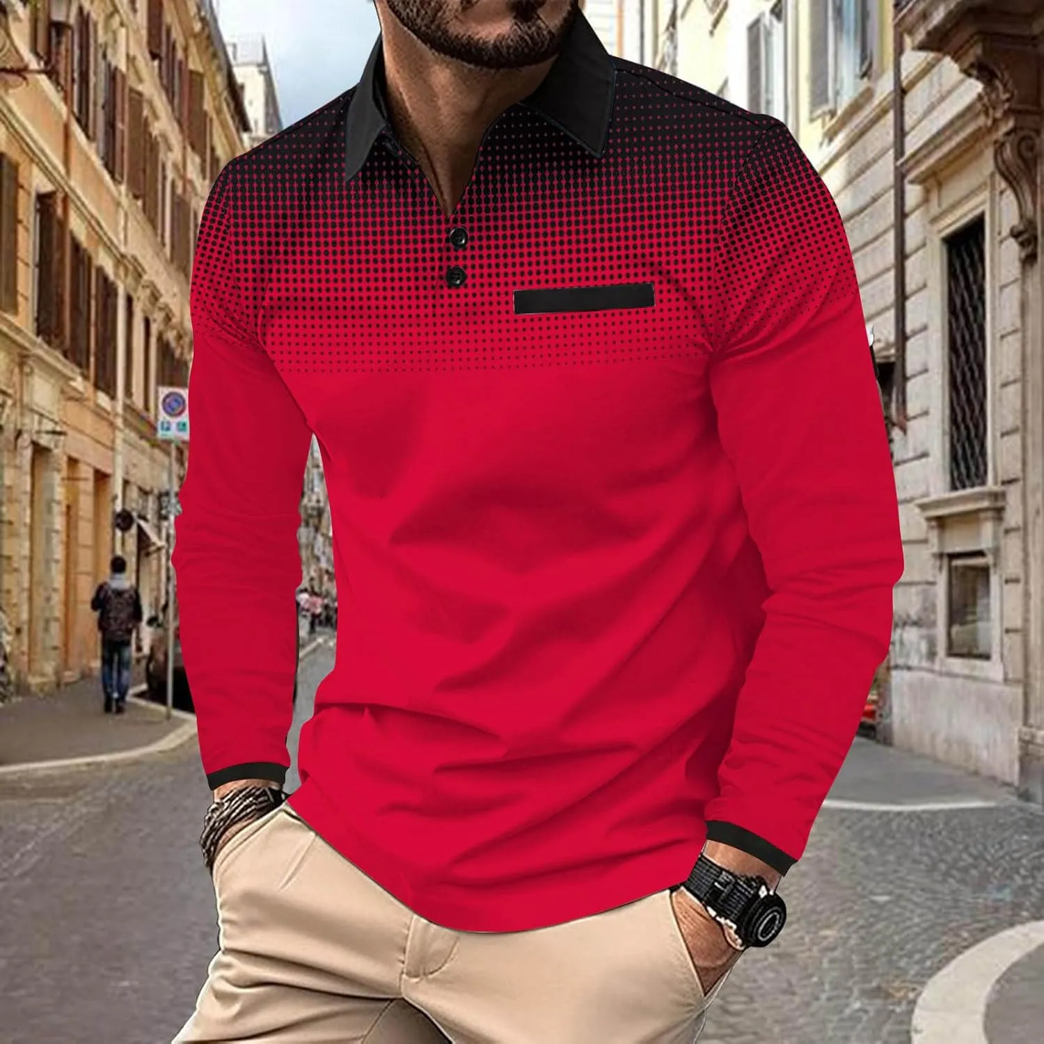 Men's Gradient Printed Sport Shirt Button Lapel Long Sleeve Tops Casual Golf Polo Shirts Fall Winter Tops