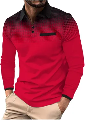 Men's Gradient Printed Sport Shirt Button Lapel Long Sleeve Tops Casual Golf Polo Shirts Fall Winter Tops
