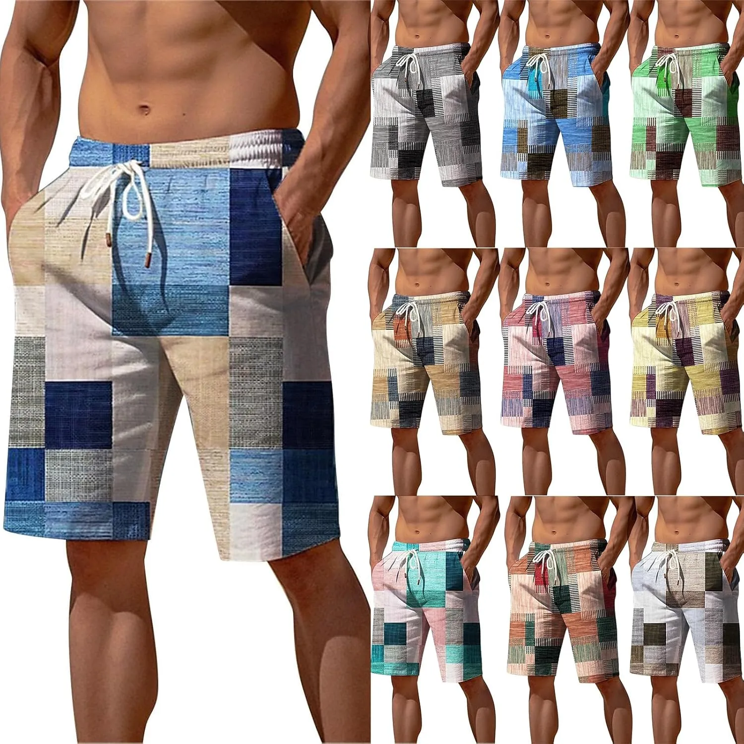 Men's Linen Cotton Shorts Retro Gingham Bermuda Shorts Summer Plaid Yoga Beach Short Lightweight Casual Workout Short