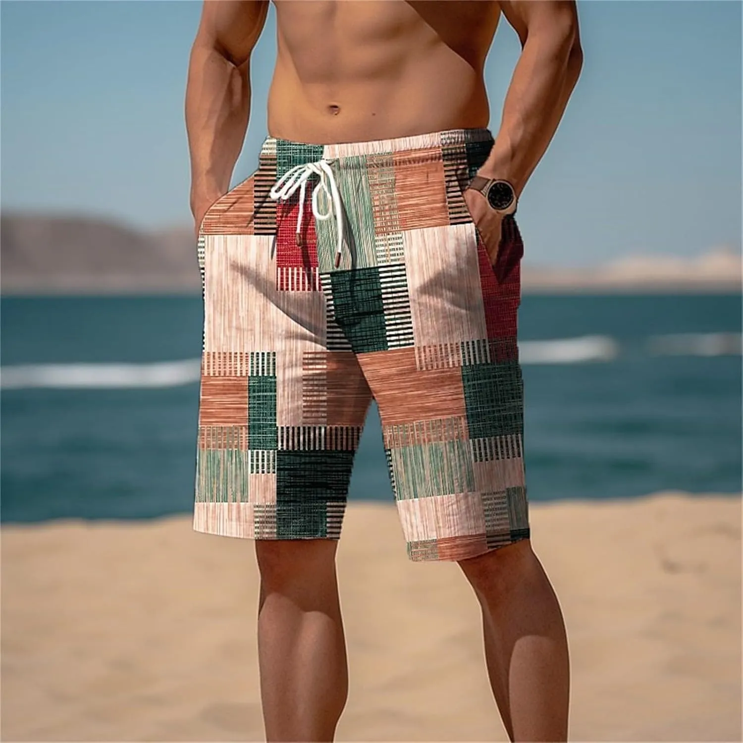 Men's Linen Cotton Shorts Retro Gingham Bermuda Shorts Summer Plaid Yoga Beach Short Lightweight Casual Workout Short