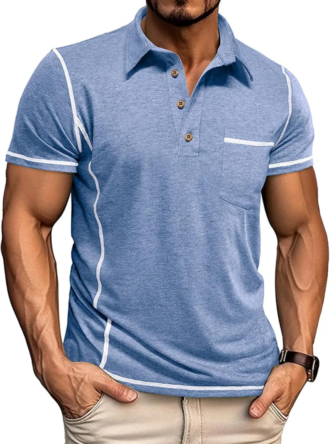 Mens Polo Shirts Short Sleeve Collared Button Polos Moisture Wicking Business Casual Work Golf Shirt with Pocket