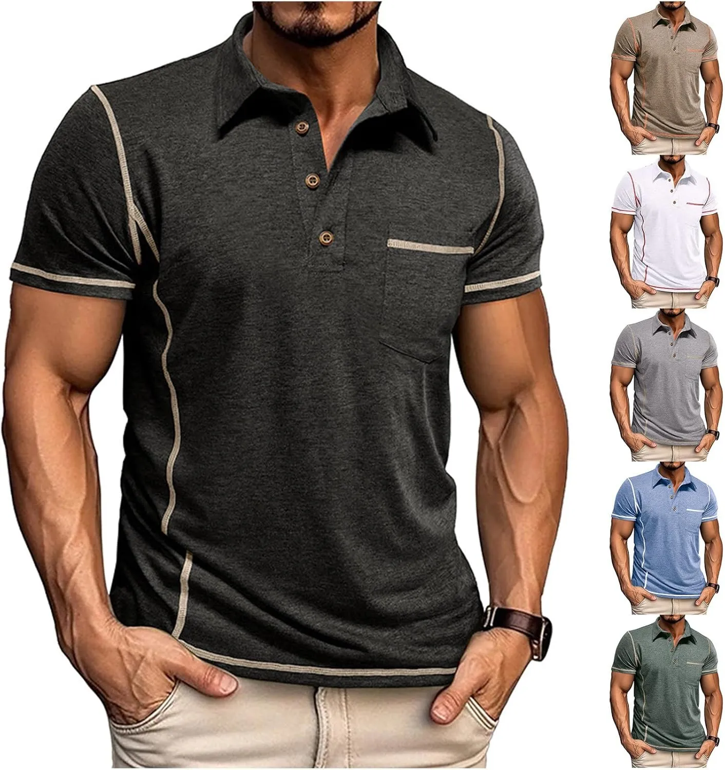 Mens Polo Shirts Short Sleeve Collared Button Polos Moisture Wicking Business Casual Work Golf Shirt with Pocket