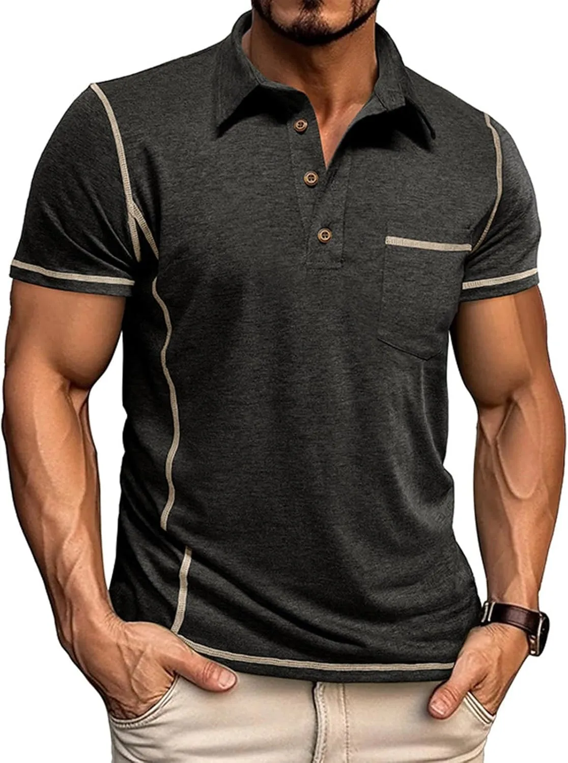 Mens Polo Shirts Short Sleeve Collared Button Polos Moisture Wicking Business Casual Work Golf Shirt with Pocket