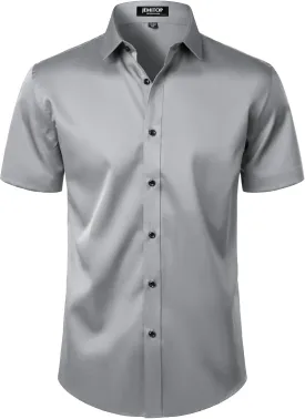 Men's Stretch Wrinkle Free Dress Shirts Formal Wedding Prom Short Sleeve Slim Fit Button Down Shirt