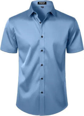 Men's Stretch Wrinkle Free Dress Shirts Formal Wedding Prom Short Sleeve Slim Fit Button Down Shirt