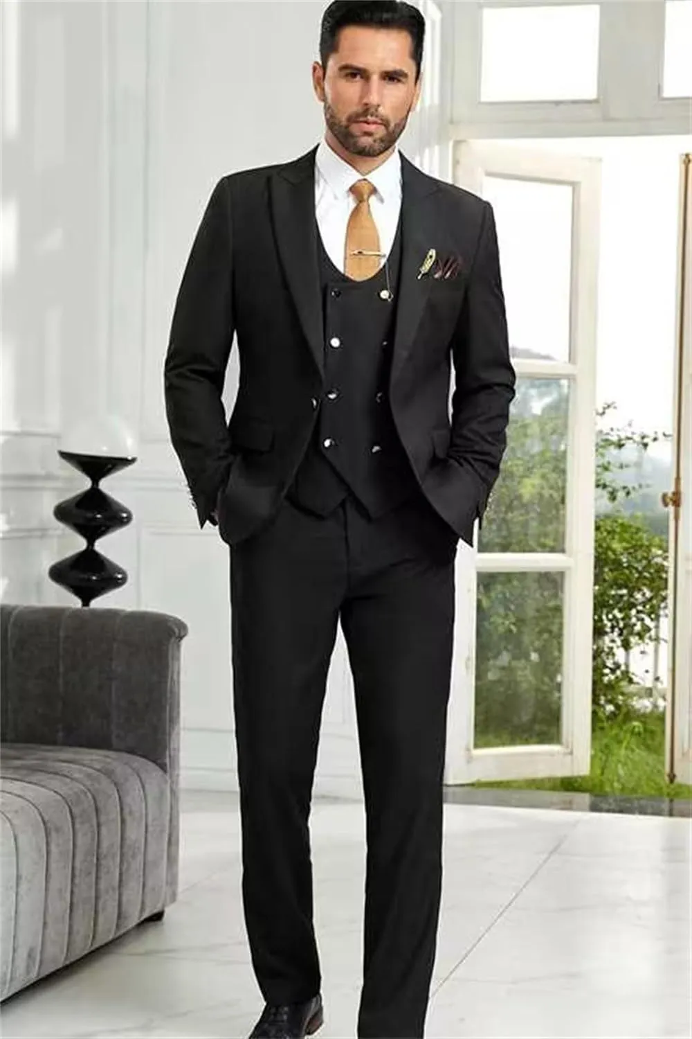 Men's Suit Slim Fit 3 Piece Double Breasted Suits Prom Tuxedo Set Formal Casual Jacket Blazer Vest Pant Wedding Suit for Men