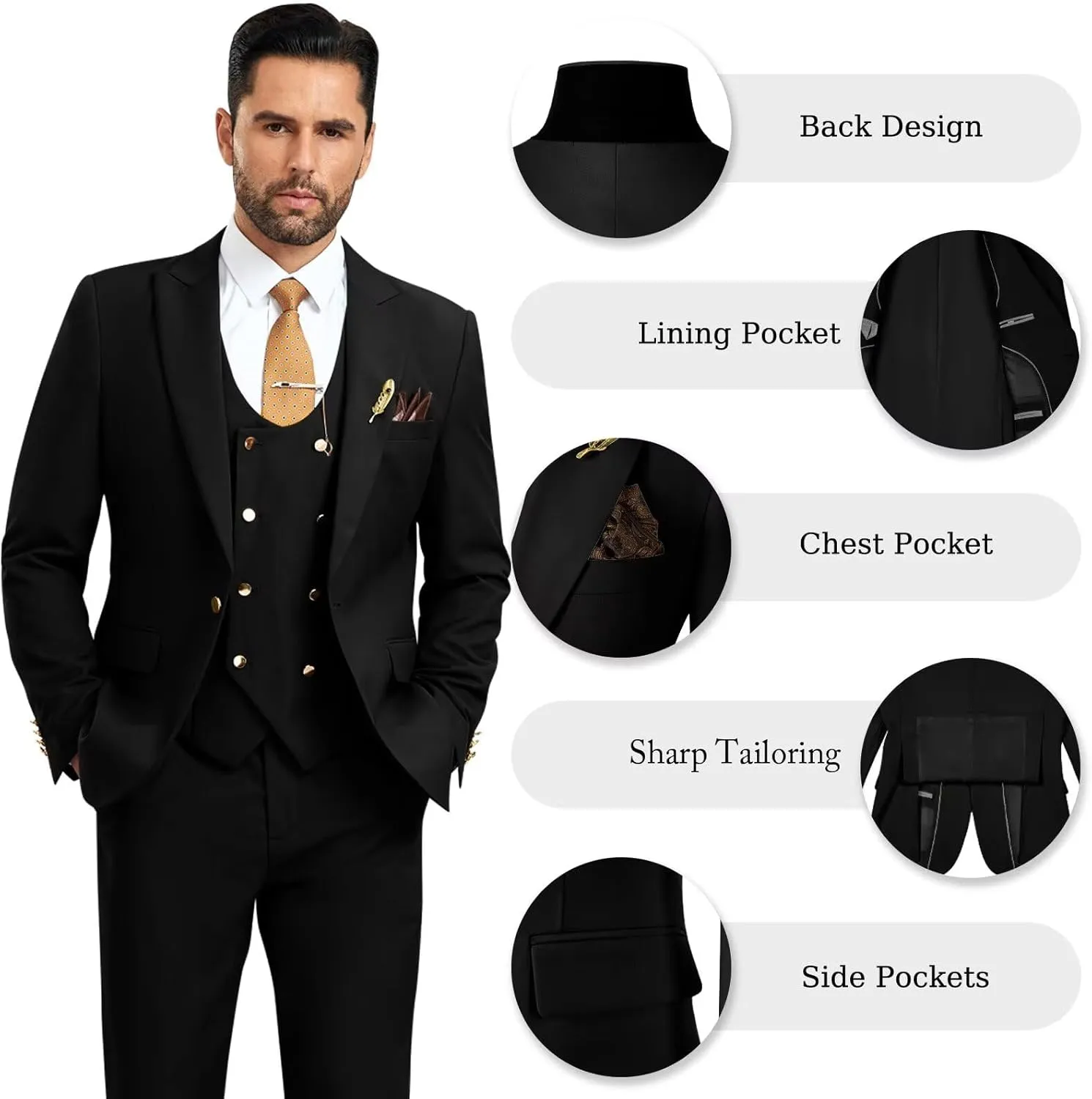 Men's Suit Slim Fit 3 Piece Double Breasted Suits Prom Tuxedo Set Formal Casual Jacket Blazer Vest Pant Wedding Suit for Men