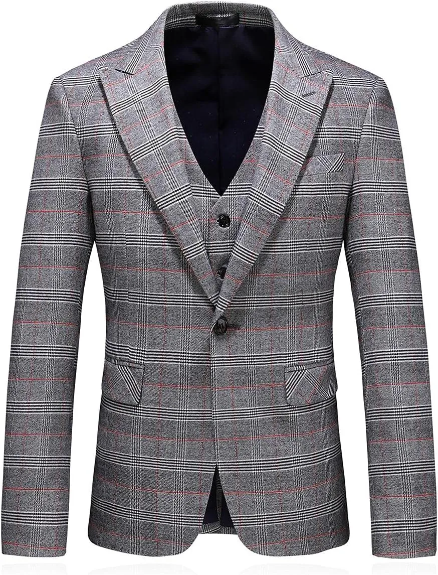 Mens Suits 3 Piece Check Plaid Suit Single Breasted One Button Jackets Formal Dress Party Prom Tuxedo Suits Blazer Set