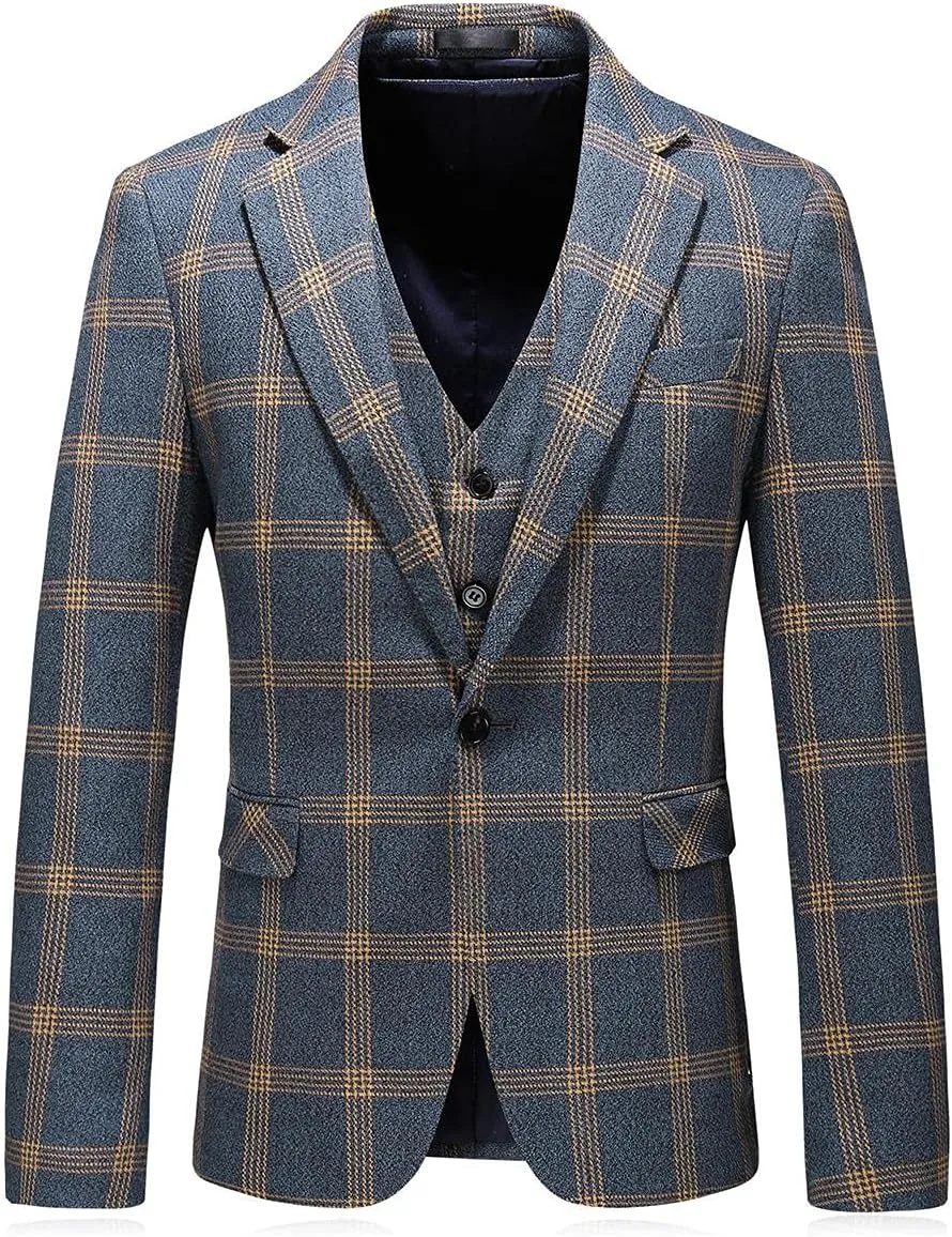 Mens Suits 3 Piece Check Plaid Suit Single Breasted One Button Jackets Formal Dress Party Prom Tuxedo Suits Blazer Set