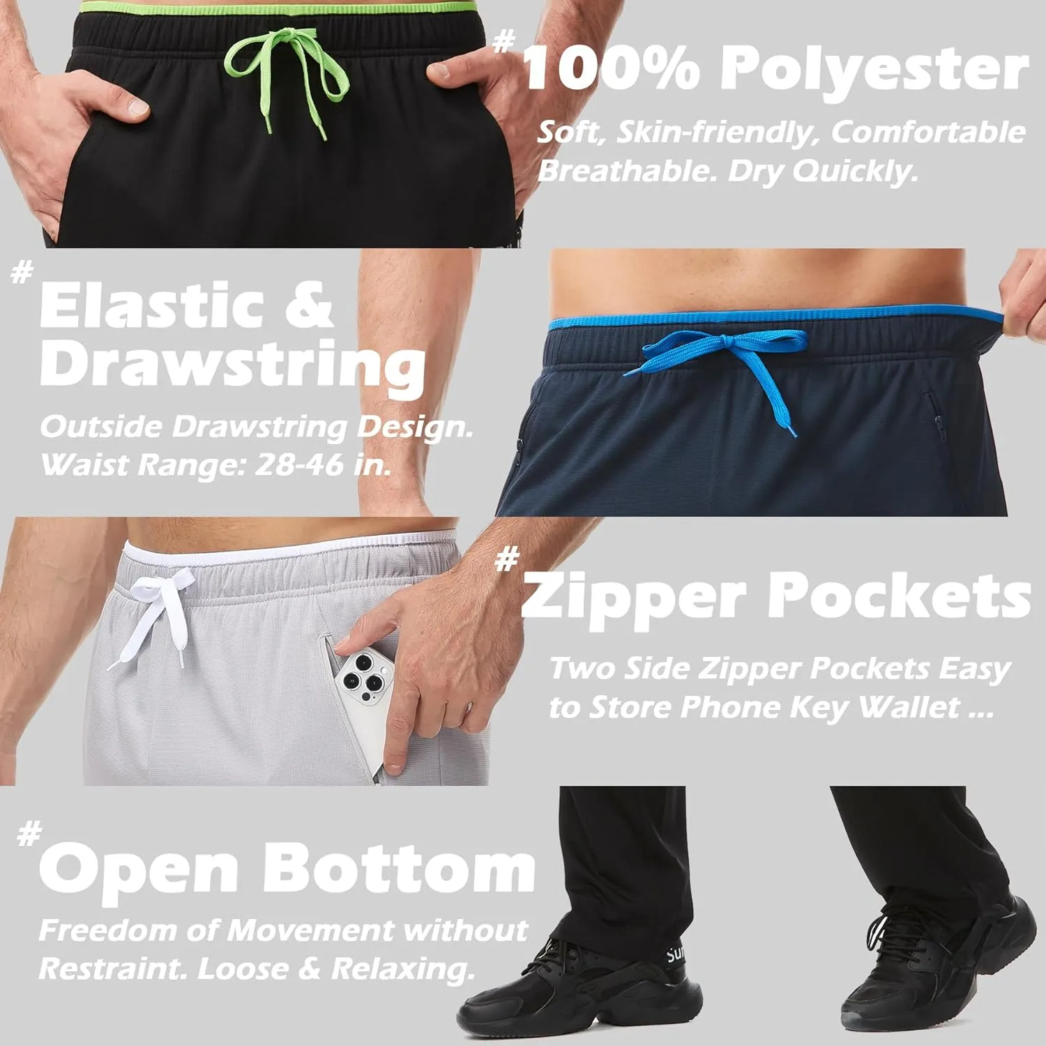 Mens Sweatpants with Zipper Pockets Open Bottom Athletic Pants for Workout,Running,Training,Jogging,Gym